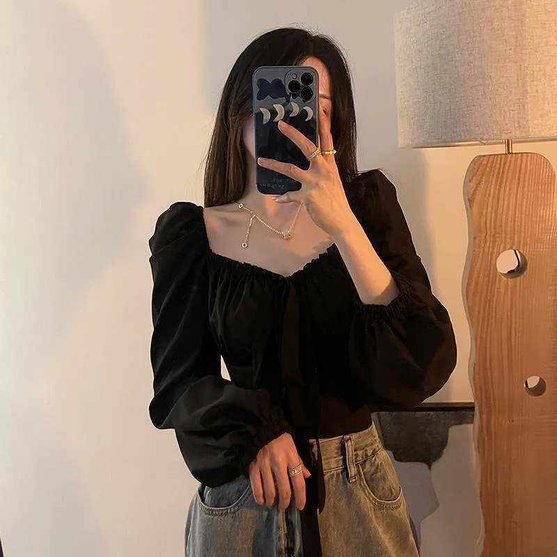 Wenkouban curvy casual outfits Christmas Thanksgiving Gifts Black Friday French Style Retro Puff Sleeve Slim Fit Hot Girl Top Women's Autumn Collarbone Scheming T-shirt V-neck Long Sleeve