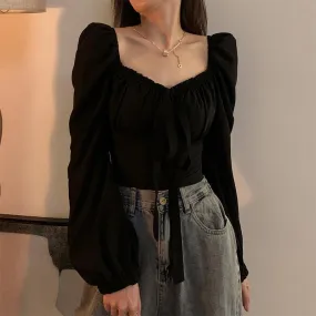 Wenkouban curvy casual outfits Christmas Thanksgiving Gifts Black Friday French Style Retro Puff Sleeve Slim Fit Hot Girl Top Women's Autumn Collarbone Scheming T-shirt V-neck Long Sleeve