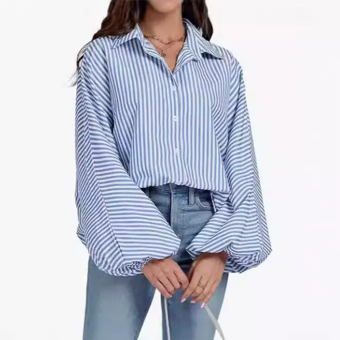 Wenkouban fall outfits women Fall 2024 Women's Striped Bishop Long Sleeve Collar V-neck Button-down Shirt Loose