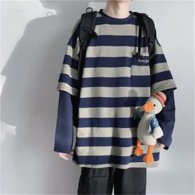 Wenkouban tomboy outfit Striped Long Sleeve Women's Ins Trendy Spring and Autumn Thin Loose Korean Style Bottoming Shirt Fake Two-Piece Lazy Style All-Match Top Clothes