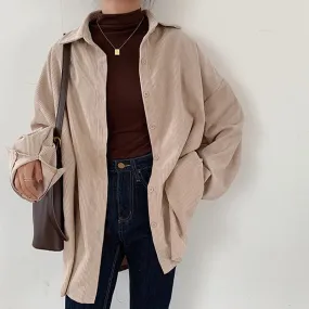 Wenkouban Women Solid Corduroy Coat Vintage Oversized Blouse Turn-Down Collar Jacket Button Up Batwing Sleeve Shirt Autumn Casual Thin Top