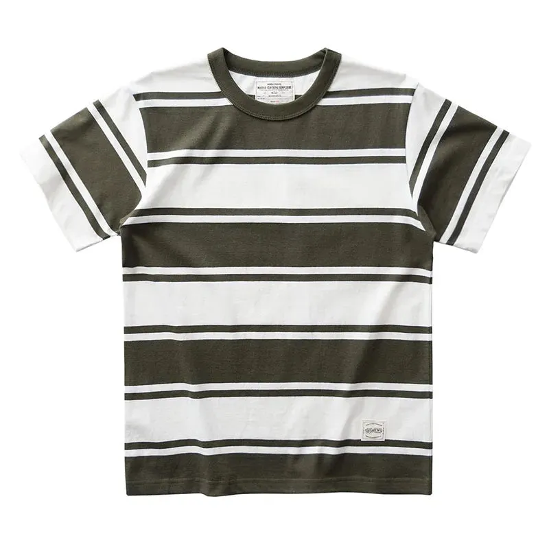 Wiaofellas  -  Hipster men's retro Heavy T-shirt Cotton half sleeve crew neck striped short sleeve T-shirt
