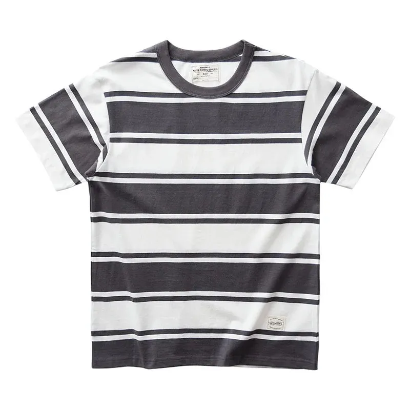 Wiaofellas  -  Hipster men's retro Heavy T-shirt Cotton half sleeve crew neck striped short sleeve T-shirt