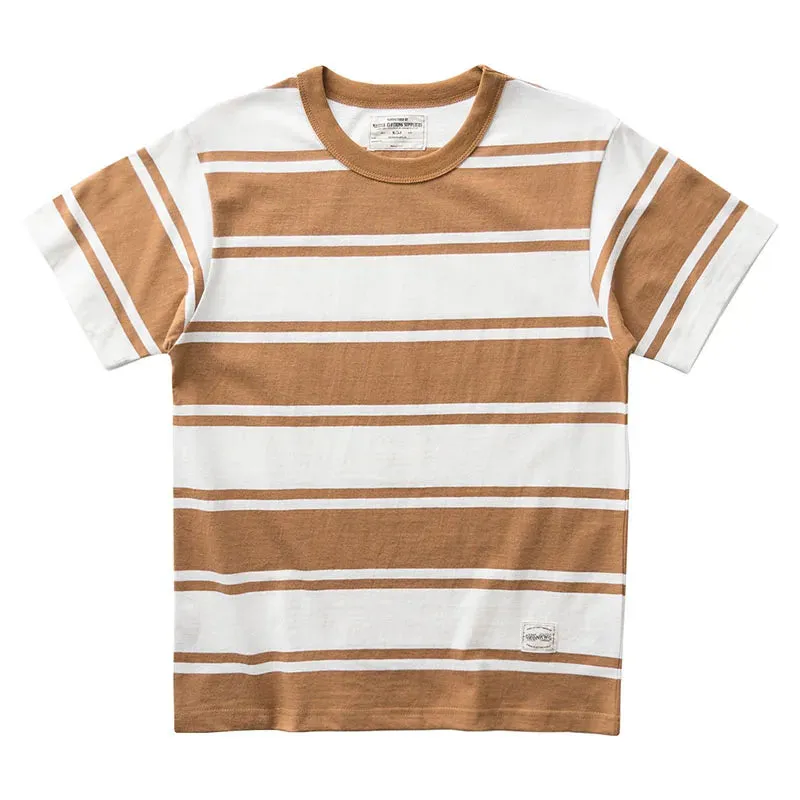 Wiaofellas  -  Hipster men's retro Heavy T-shirt Cotton half sleeve crew neck striped short sleeve T-shirt
